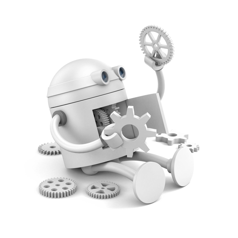 Broken robot considers the details of its mechanism for your website projects. 3d illustration